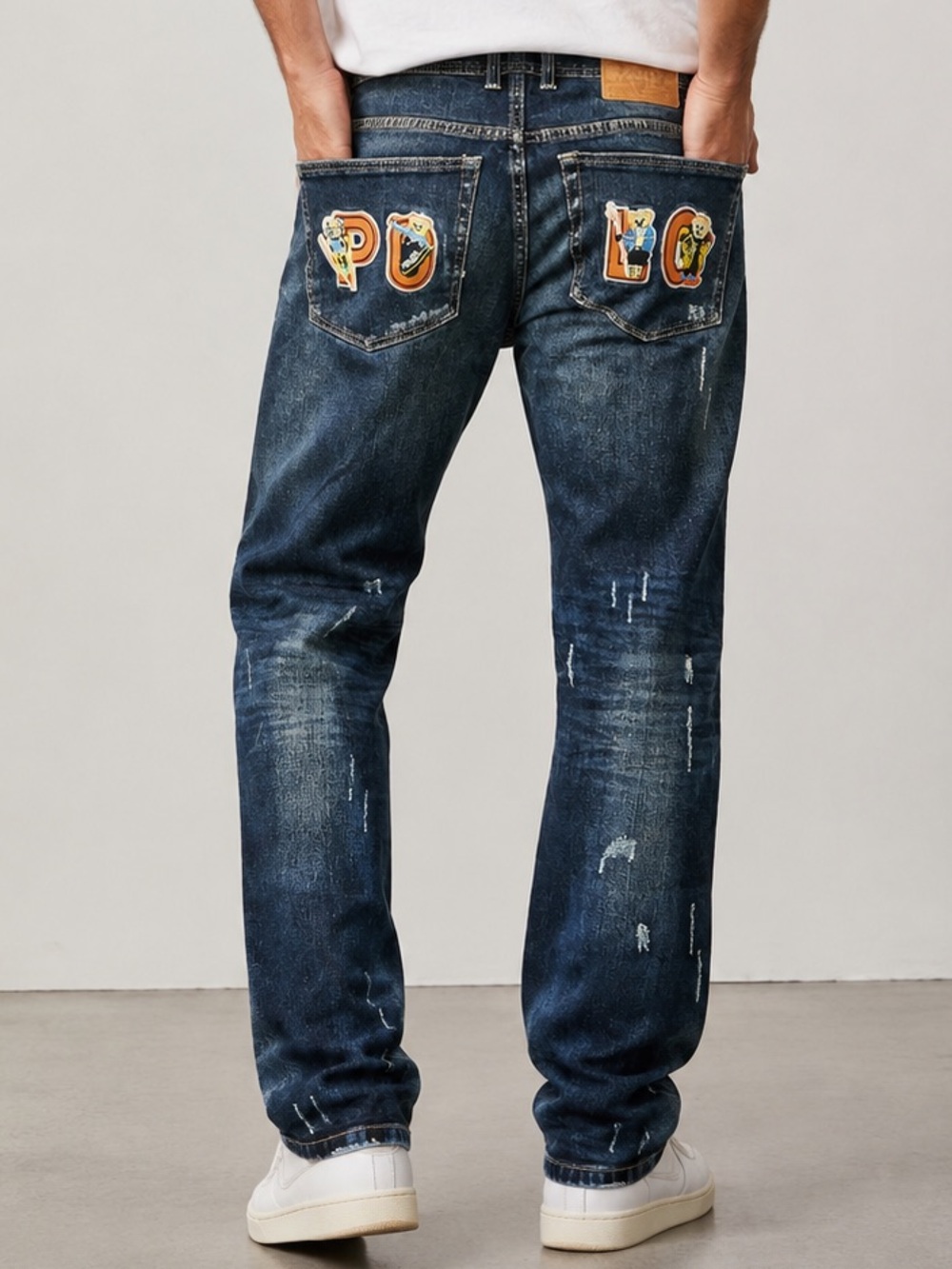 Polo Ralph Lauren Distressed Skiing Bear Logo Blue Jeans